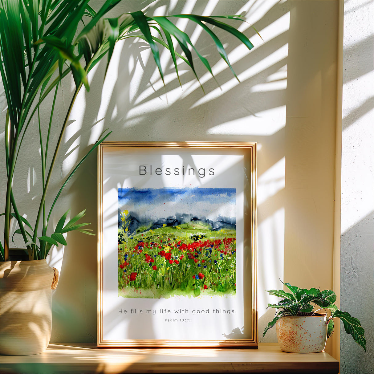 Watercolour Bible verse print with a peaceful wildflower meadow and the Scripture “He fills my life with good things.”