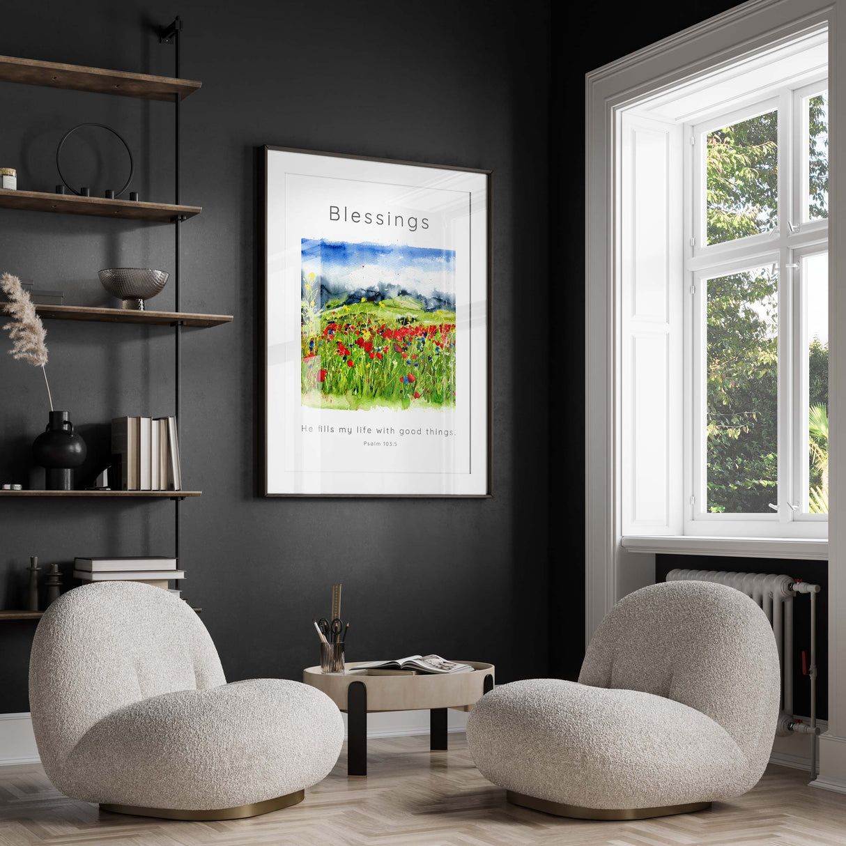 Faith-inspired home accent with Psalm 103:5, Tranquil nature scene wall art with Bible verse, Psalm 103:5 watercolour print