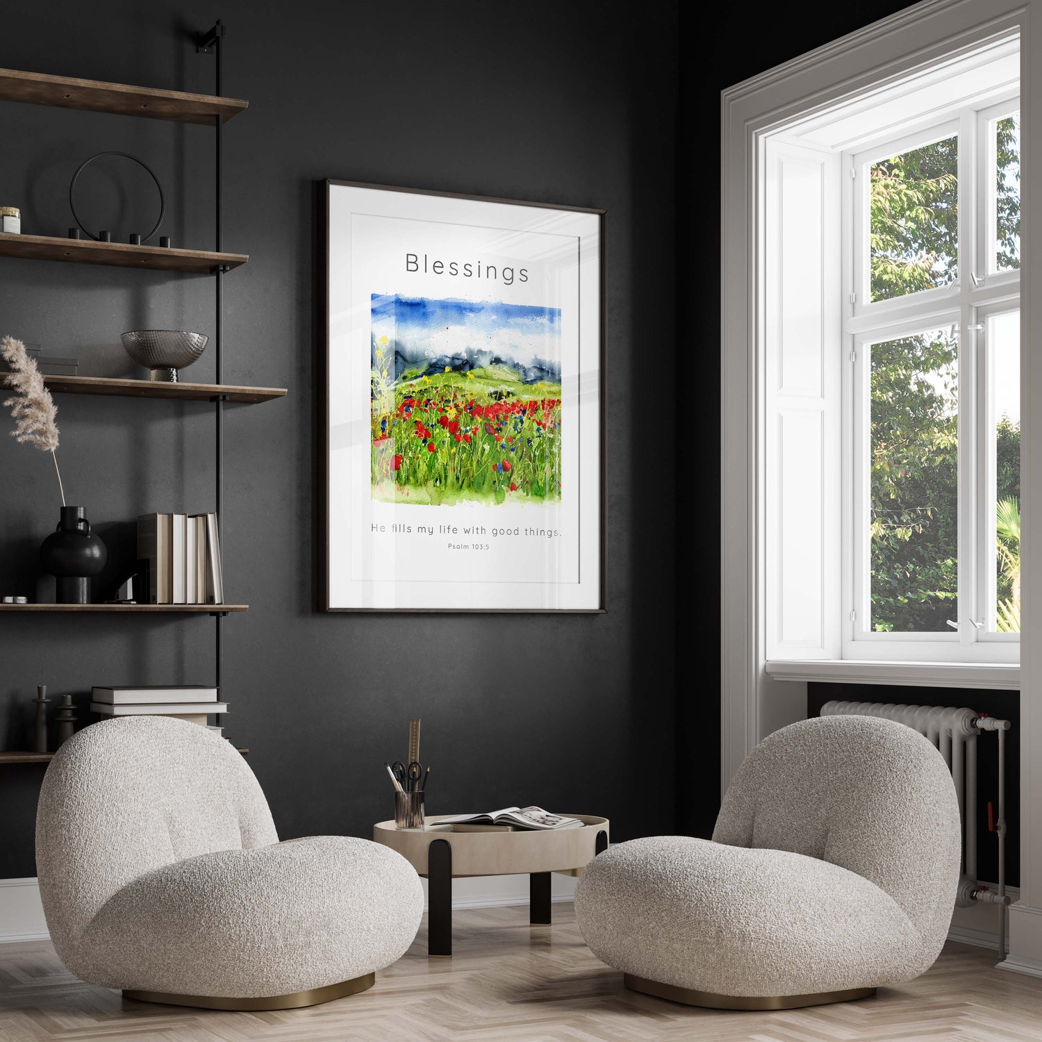 Faith-inspired home accent with Psalm 103:5, Tranquil nature scene wall art with Bible verse, Psalm 103:5 watercolour print