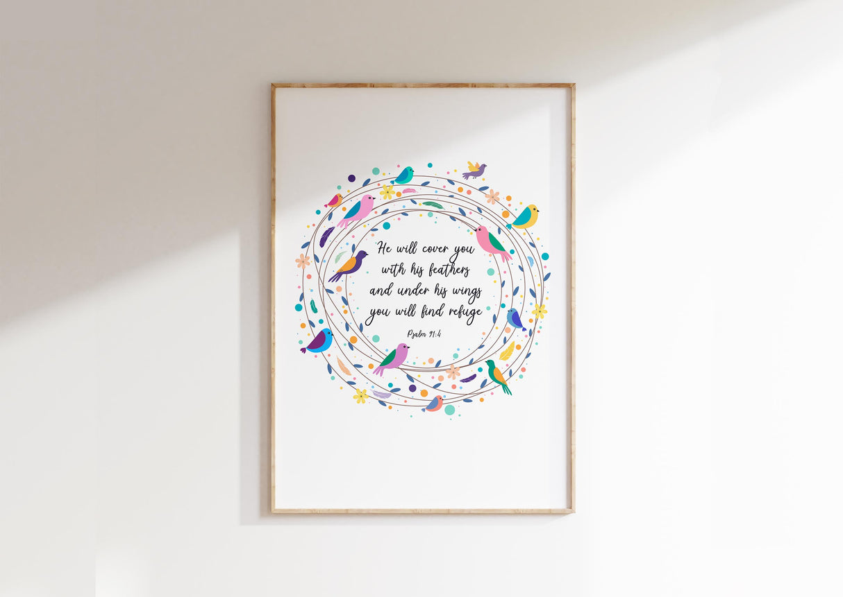 Psalm 91 Poster, He Will Cover You With His Feathers Bible Verse Art, Elegant Christian home decor poster with feathers / birds