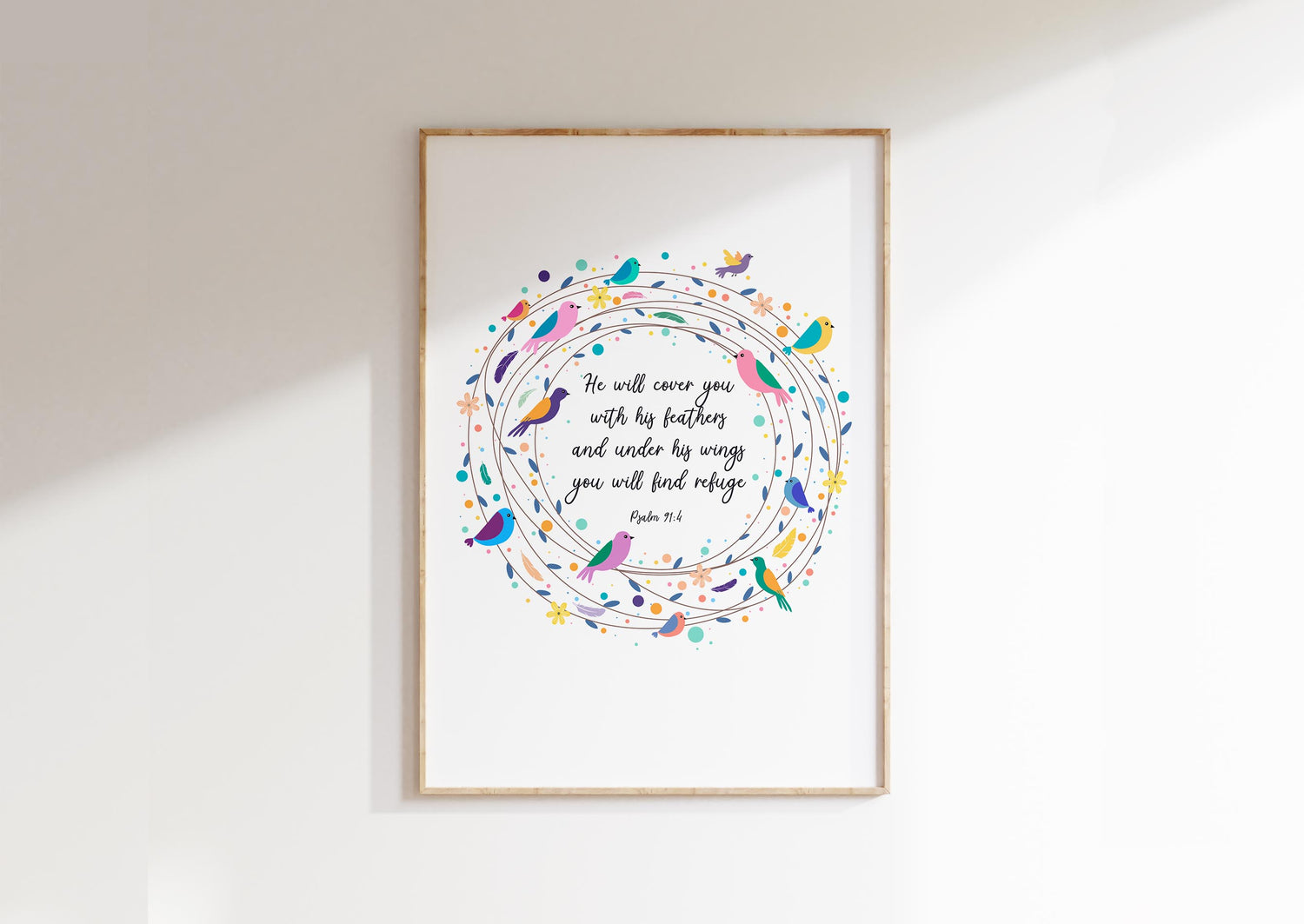 Psalm 91 Poster, He Will Cover You With His Feathers Bible Verse Art, Elegant Christian home decor poster with feathers / birds