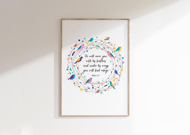 Psalm 91 Poster, He Will Cover You With His Feathers Bible Verse Art, Elegant Christian home decor poster with feathers / birds