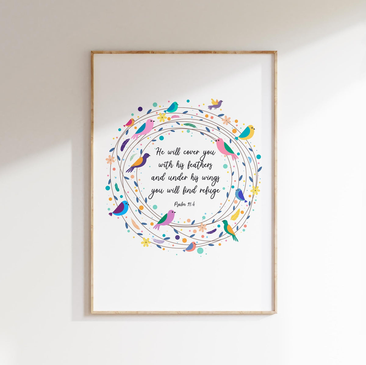 Psalm 91 Poster, He Will Cover You With His Feathers Bible Verse Art, Elegant Christian home decor poster with feathers / birds