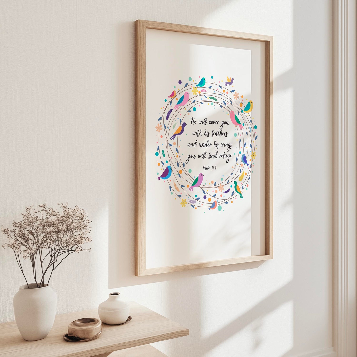 Bible verse wall art, Psalm 91, Under His Wings You Will Find Refuge, floral and bird design print.