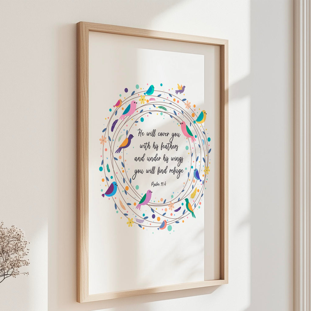 Bible verse wall art, Psalm 91, Under His Wings You Will Find Refuge, floral and bird design print.