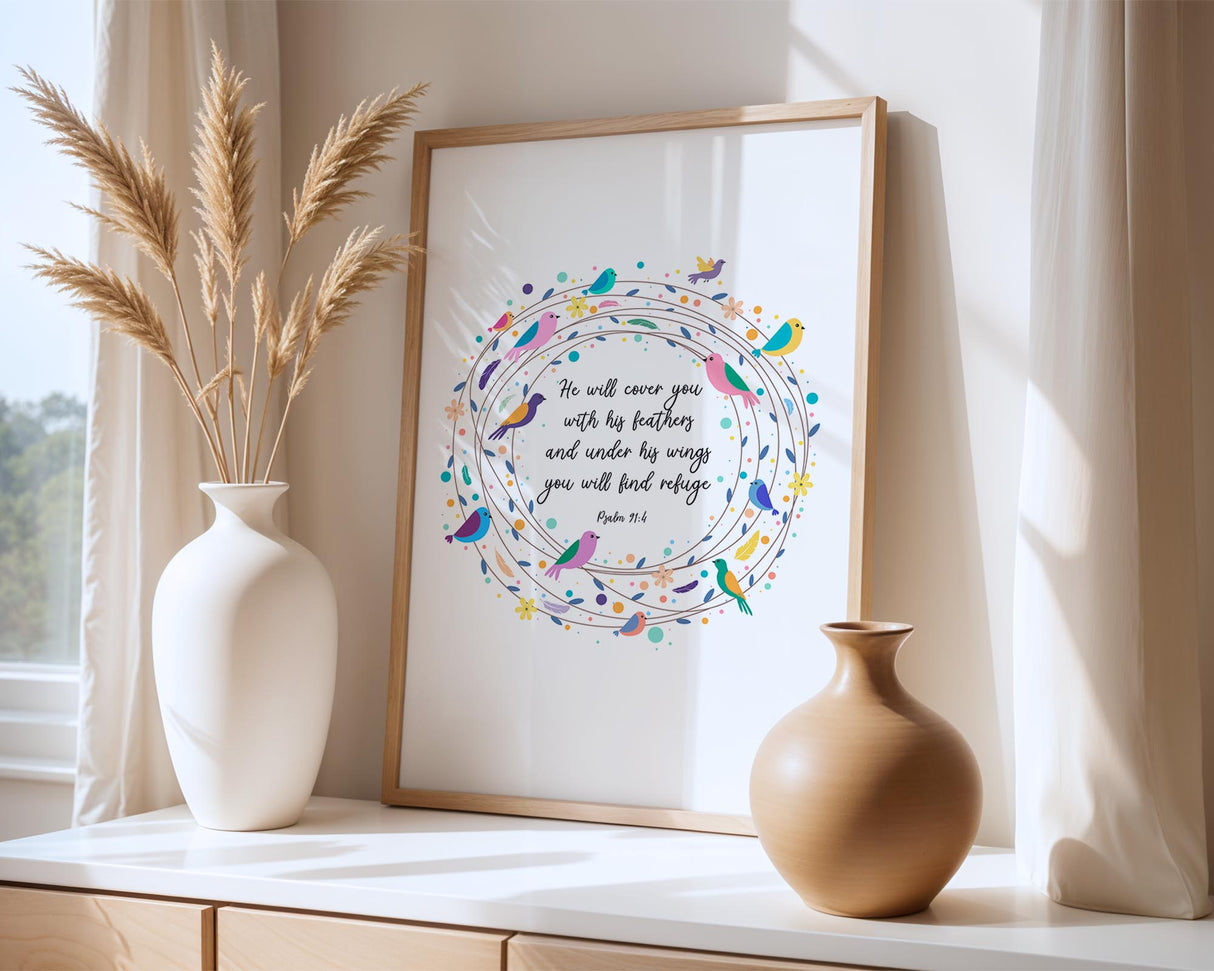 Christian faith wall art, Psalm 91 poster with delicate flower wreath and birds illustration.