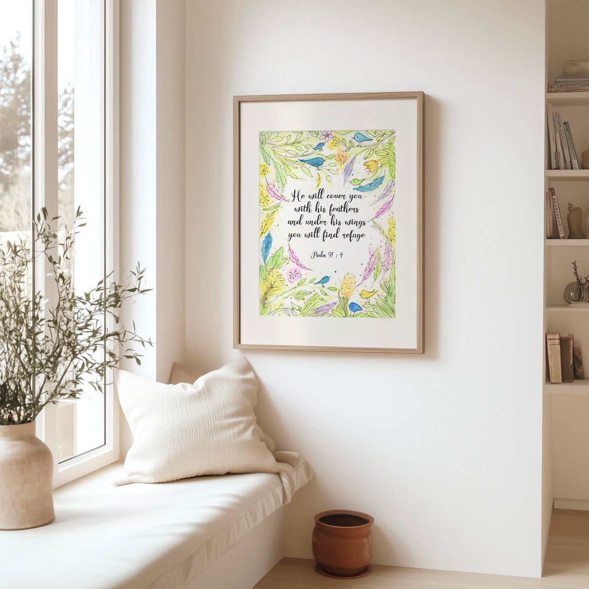 Psalm 91 4 print with hand-painted watercolour flowers, leaves, and birds, Christian decor.