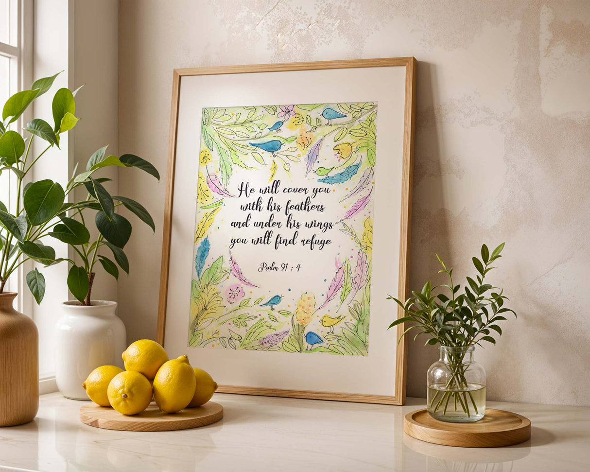 Christian wall art, He Will Cover You With His Feathers, pastel green, pink, yellow, and blue print. Inspirational Psalm 91 4 Bible verse print with soft pastel watercolour botanical artwork.