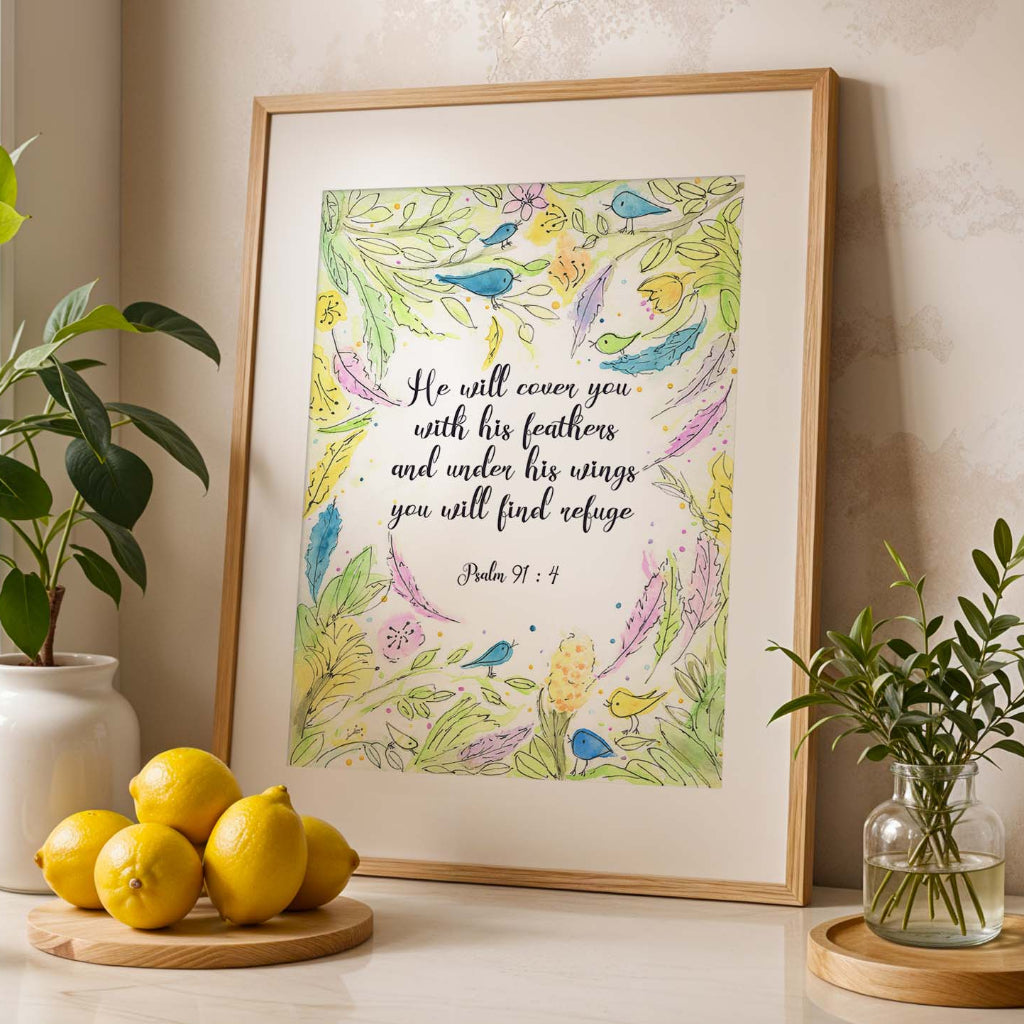 Christian wall art, He Will Cover You With His Feathers, pastel green, pink, yellow, and blue print. Inspirational Psalm 91 4 Bible verse print with soft pastel watercolour botanical artwork.