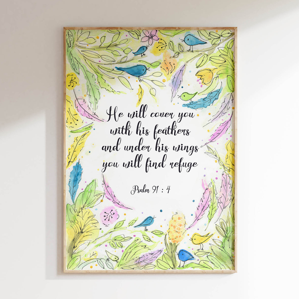Psalm 91 4 pastel print, He Will Cover You With His Feathers, watercolour Christian wall art.