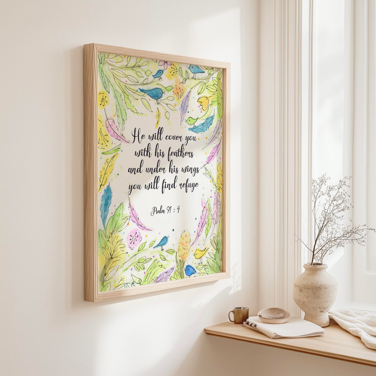 Bible verse wall art, Under His Wings You Will Find Refuge, pastel birds and leaves surround.