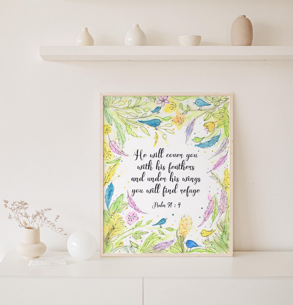 Feathers and wings refuge print inspired by Psalm 91:4, Birds, leaves, and flowers in yellow and green with Bible verse
