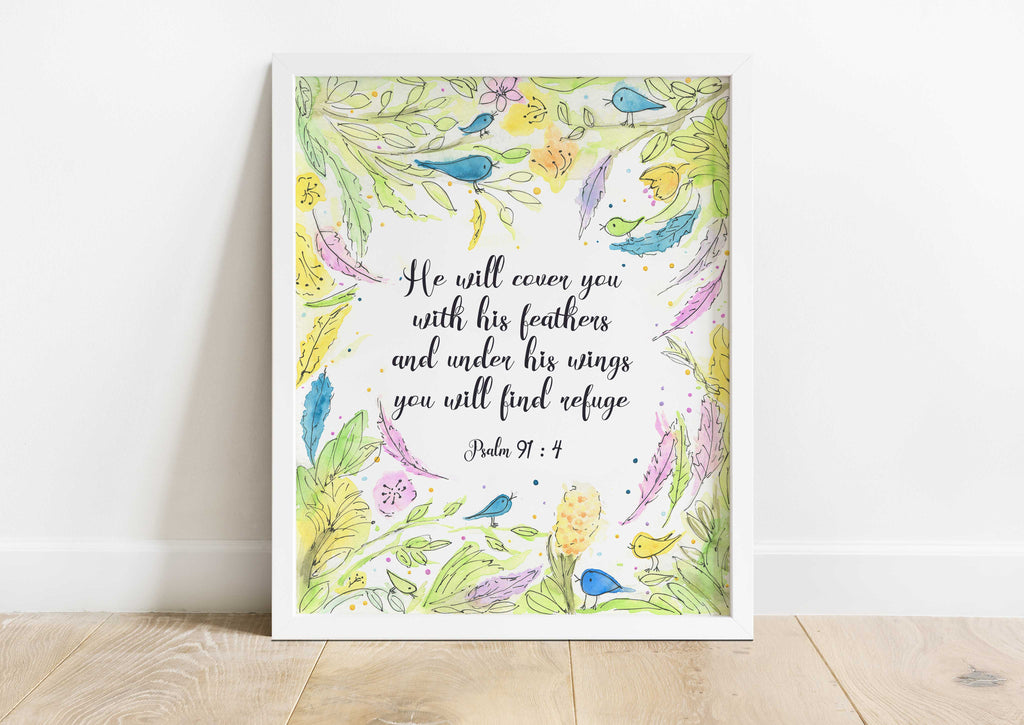 Psalm 91:4 artwork with hand-painted birds and foliage, Inspirational print: Under His wings, find refuge (Psalm 91:4)
