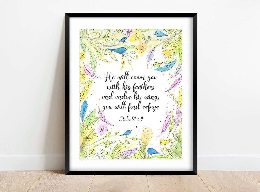 Watercolor bird and nature illustration with Psalm 91:4 verse, Yellow and green Psalm 91:4 wall decor with birds and leaves