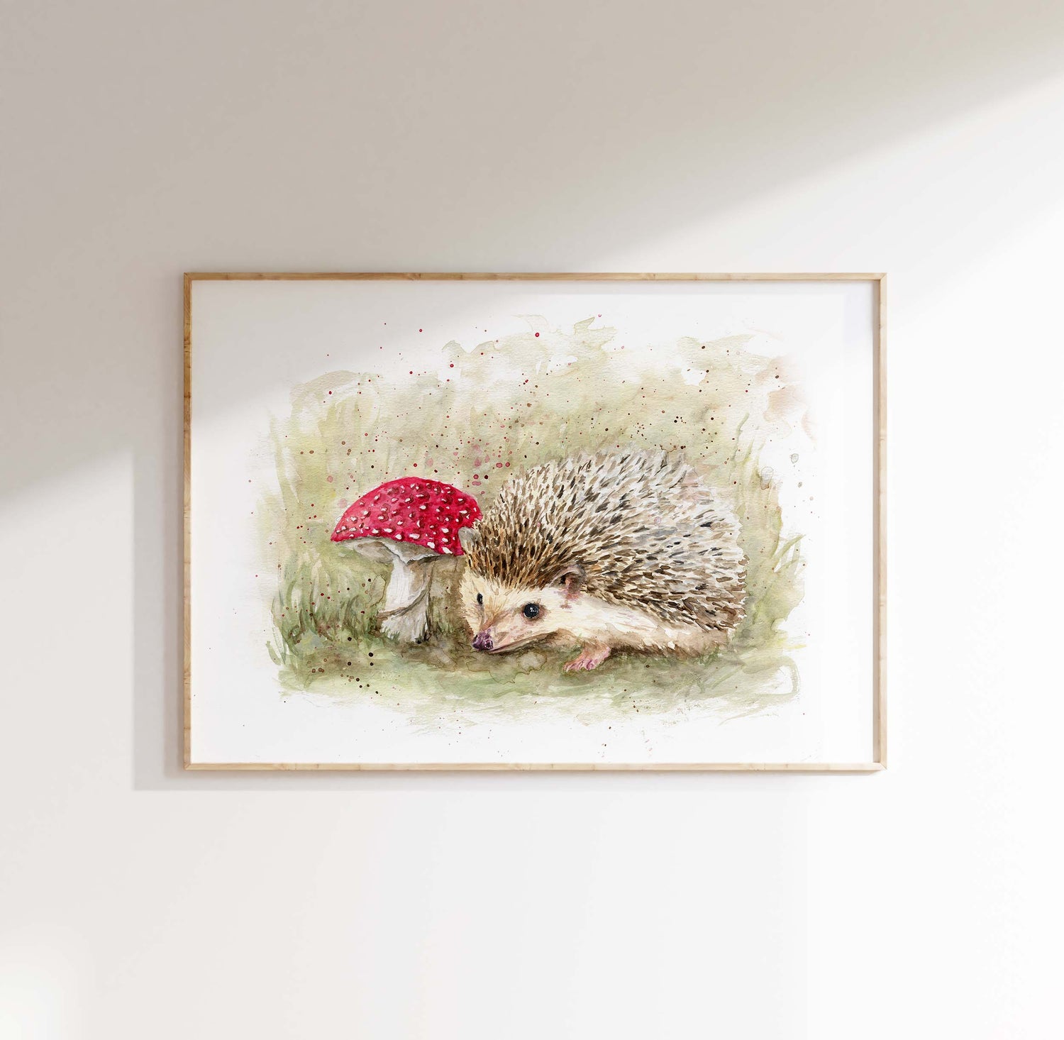 'Among the Toadstools' Woodland Hedgehog Watercolour Wall Print, Forest Inspired Animal Illustration Home Decor for Nature Lover