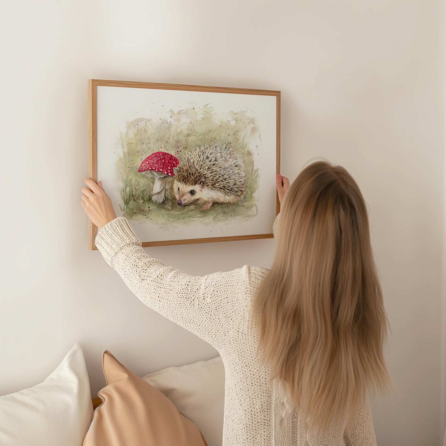 Woodland animal watercolour print showing a hedgehog nestled in nature beside a mushroom, full of charm and serenity.