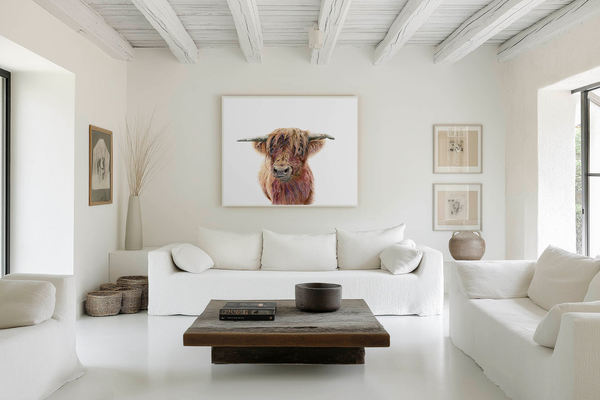 'Wild & Woolly' - Highland cow canvas full portrait in rich amber and russet tones, cottagecore home decor rustic wall art by Crafty Cow Design.
