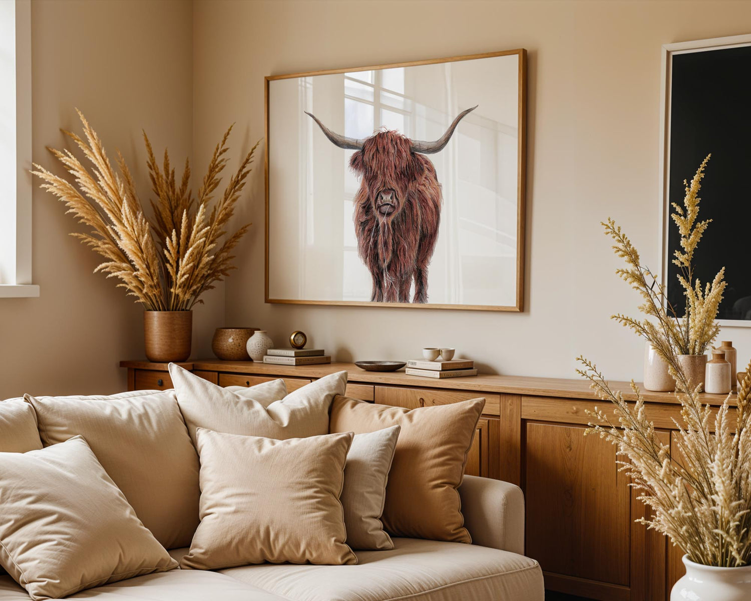 Rustic Highland cow wall art featuring detailed hand-drawn lines and natural brown colouring.