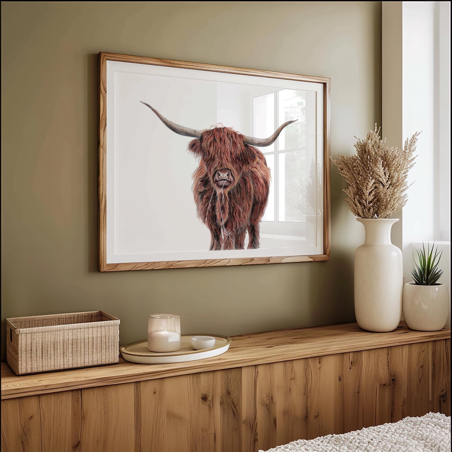 Hand-drawn Highland cow print in rich brown tones, capturing rustic charm and Scottish character.
