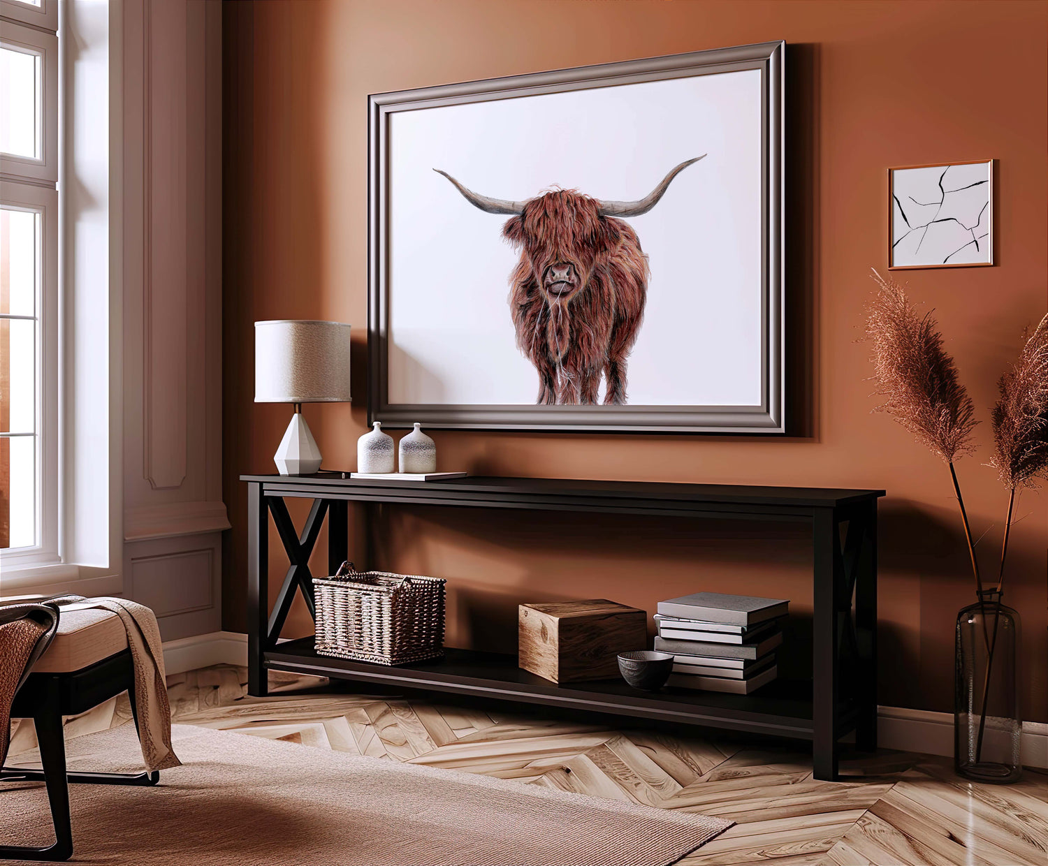 Long-haired Highland cow artwork with warm earthy hues, perfect for cosy, country-style decor.