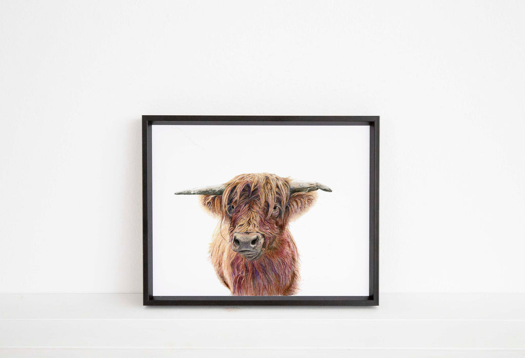Hand-drawn Highland Cow portrait print, Colorful Highland Cow artwork on print, Highland Cow portrait in colored pencil