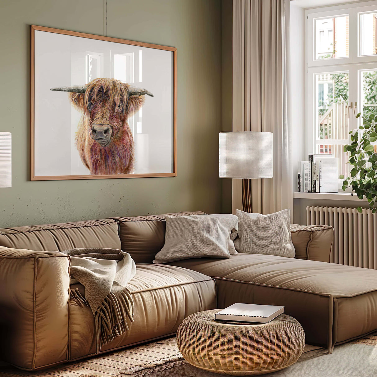 Hand-drawn Highland cow wall art in coloured pencil with rich warm tones