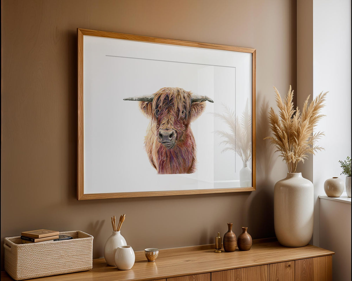 Rustic Highland cow art print for cosy farmhouse or country decor. Detailed and vibrant pencil illustration of a Highland cow face-on