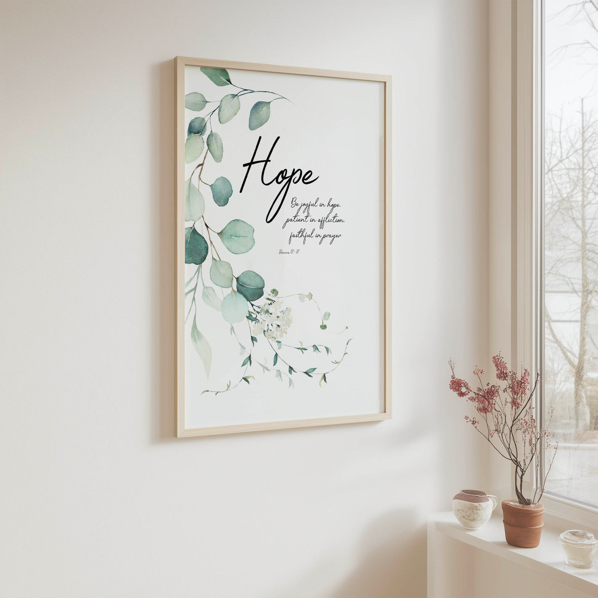 Botanical Bible Verse Print featuring Romans 12:12 with delicate eucalyptus leaf design.