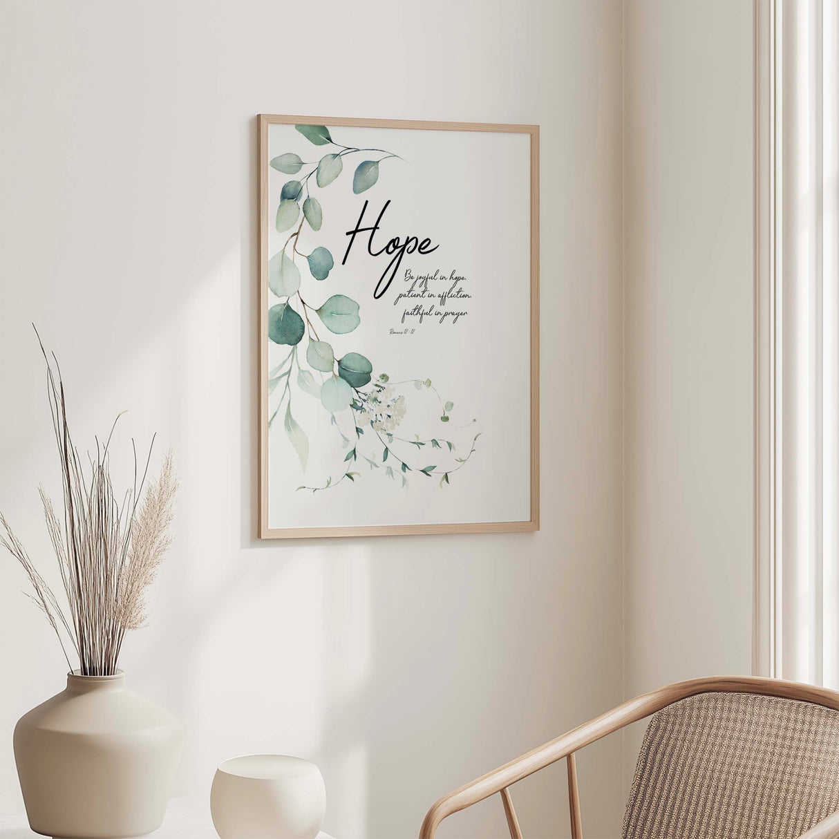 Be Joyful in Hope Wall Decor with calming green eucalyptus leaves and inspiring scripture.