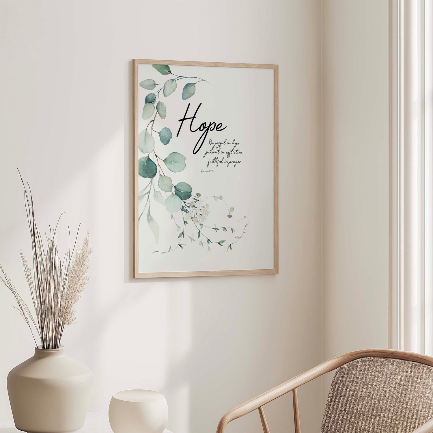 Be Joyful in Hope Wall Decor with calming green eucalyptus leaves and inspiring scripture.