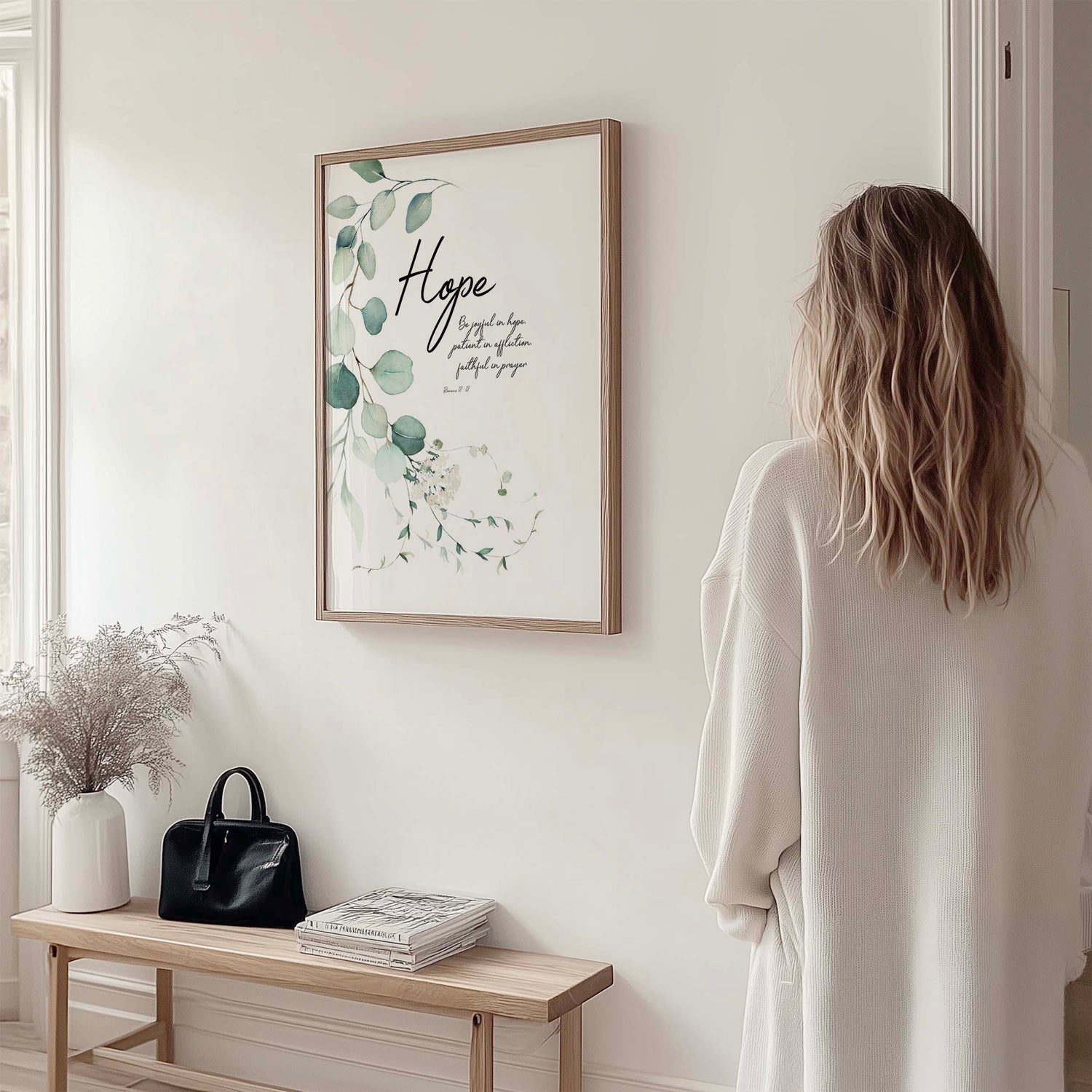 Christian Wall Art displaying Romans 12:12 surrounded by a natural botanical wreath.