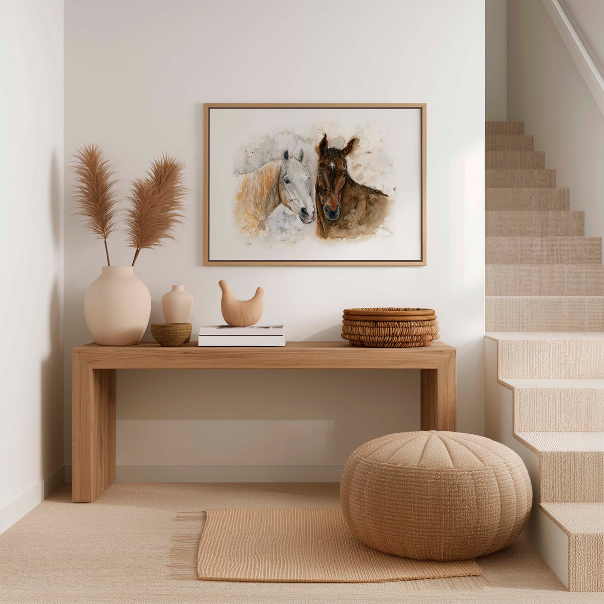 'Horse Friends' - A warm and minimal horse art painting canvas print in creams and rich browns — beautiful countryside prints for anyone who loves horses and the natural world, by Crafty Cow Design.