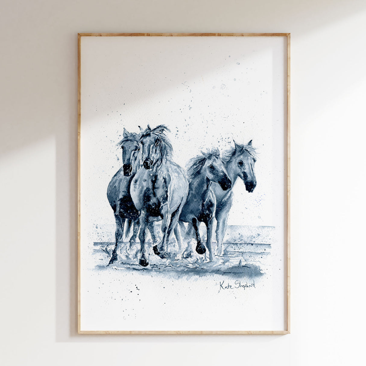 Monochrome equestrian art print called ‘Running Horses’ showing horses in fluid motion.