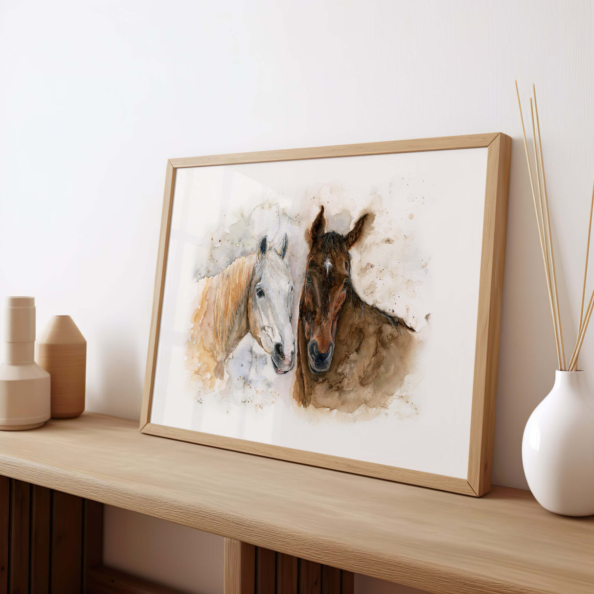 Watercolour painting of a white and brown horse standing close together in friendship.
