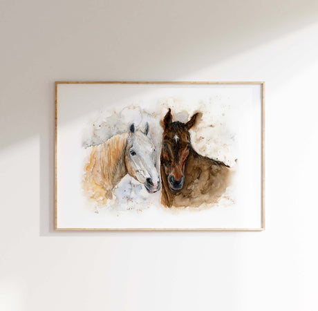Watercolour horse art print showing emotional connection between horses.