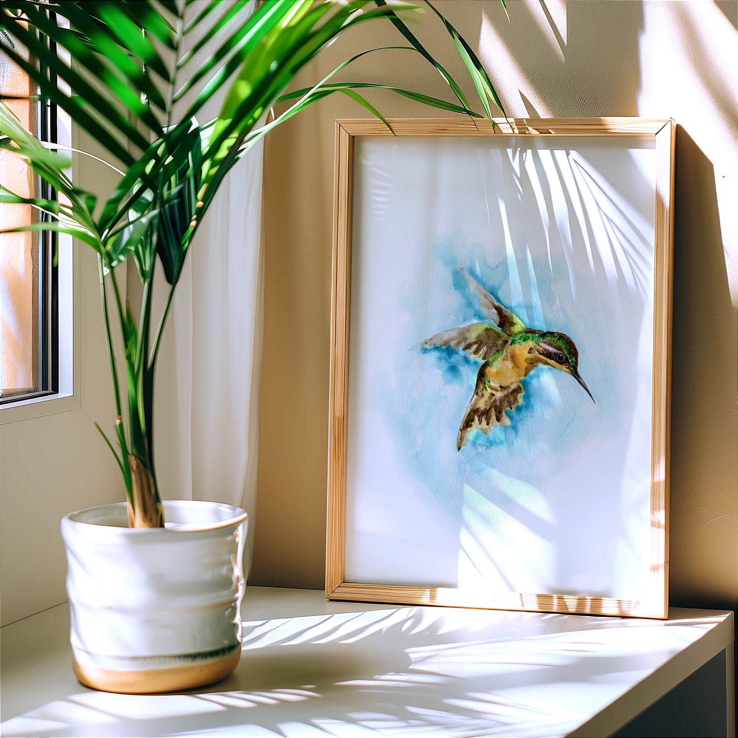 Loose style painting of a hummingbird in mid-flight with expressive brushstrokes.