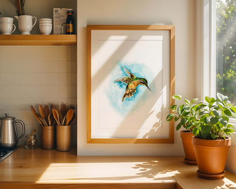 Hand-painted hummingbird artwork with soft textures and a breezy colour palette.