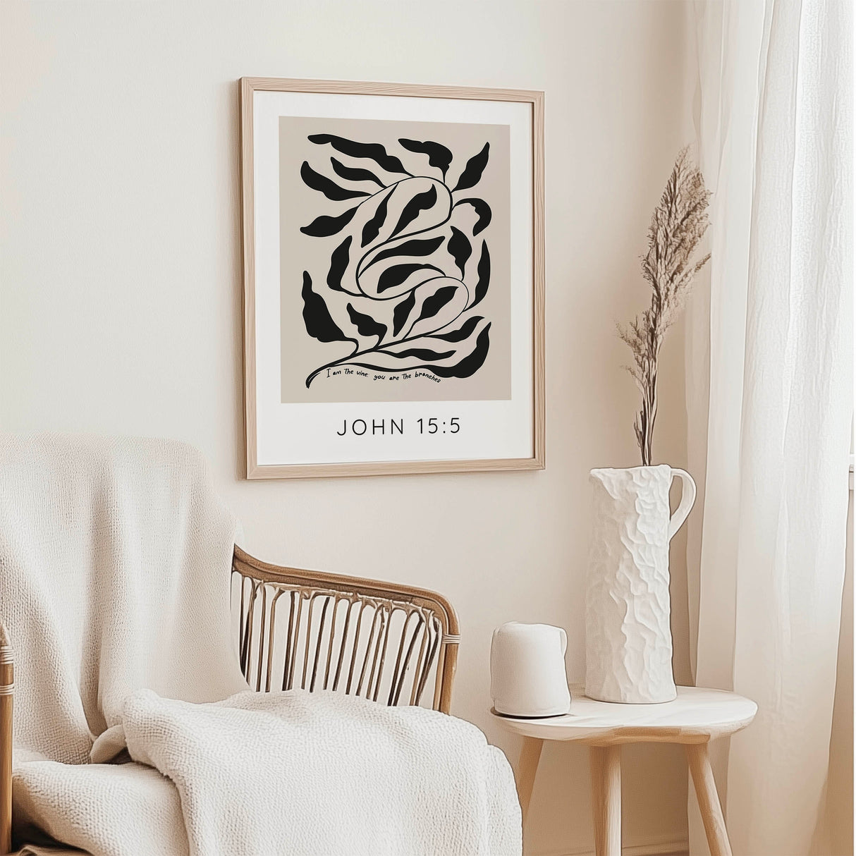 John 15:5 Bible Verse Print featuring black winding branch on neutral tan background.