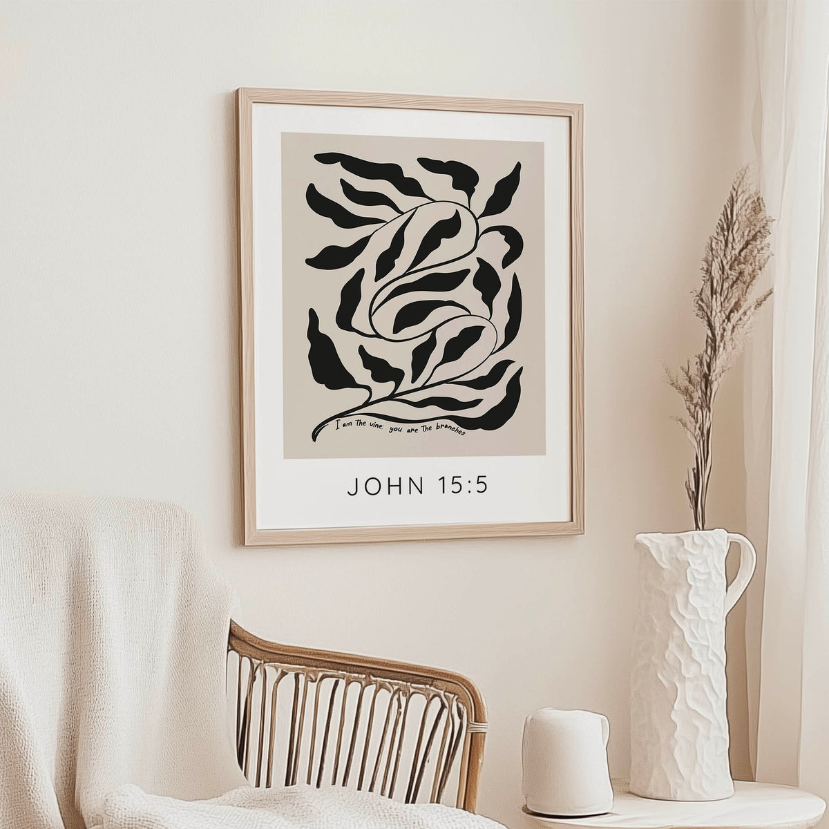 John 15:5 Bible Verse Print featuring black winding branch on neutral tan background.