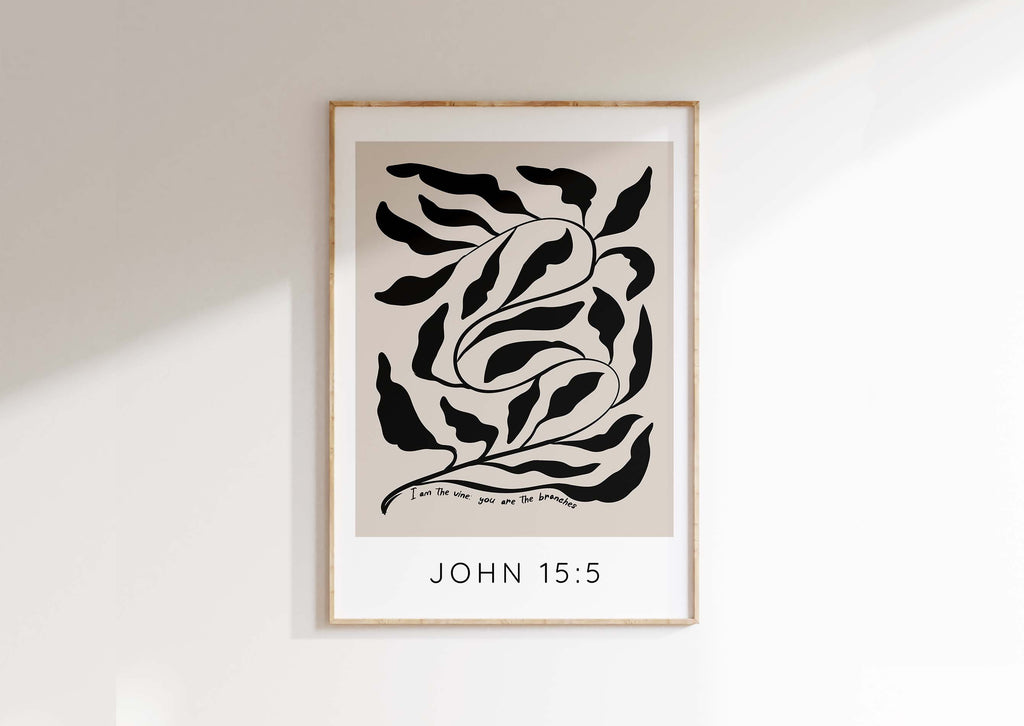John 15 5 Modern Bible Verse Poster I Am The Vine Christian Wall Art, Neutral Tan and Black Bible Verse Print