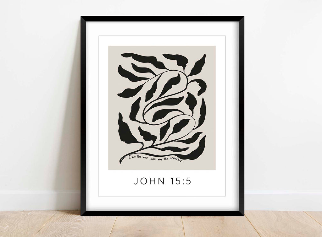 Neutral Color Vine and Branch Artwork, Elegant John 15:5 Christian Wall Decor, Branch and Scripture Quote Art Print
