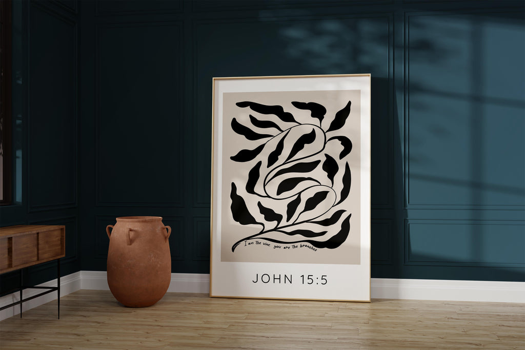 I am the Vine, You are the Branches Art, Modern Tan Background Jesus Quote Print, Neutral Tone Christian Home Decor