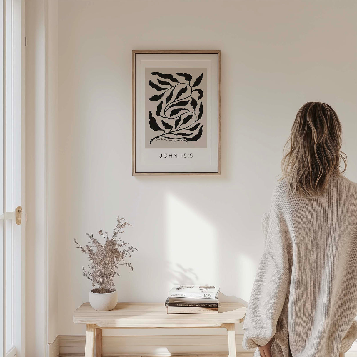 Contemporary Bible verse poster with black branch illustration and faith-inspired design.