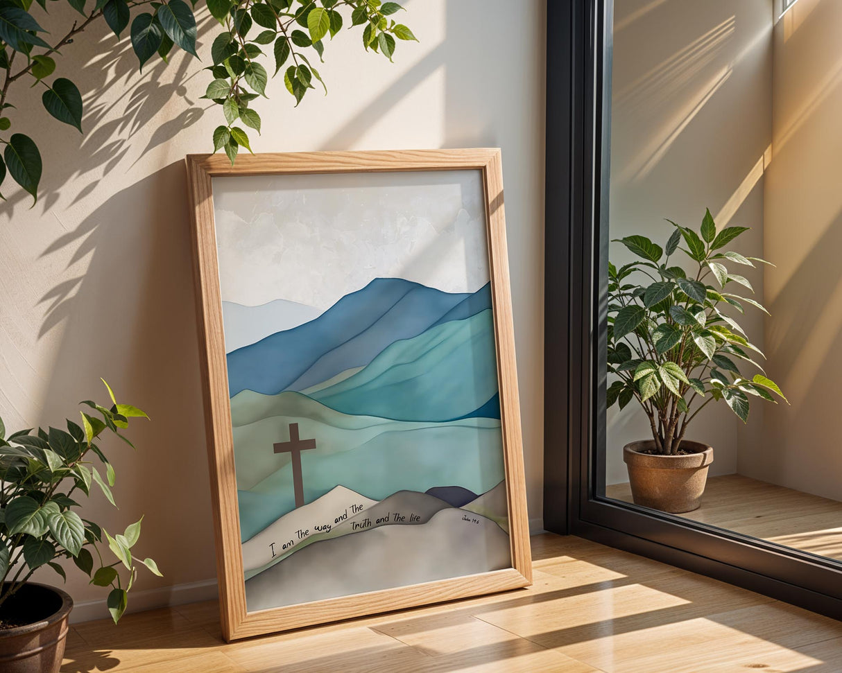 Christian wall art print featuring a brown cross on a blue and green mountain landscape with the Bible verse John 14:6 displayed below.
