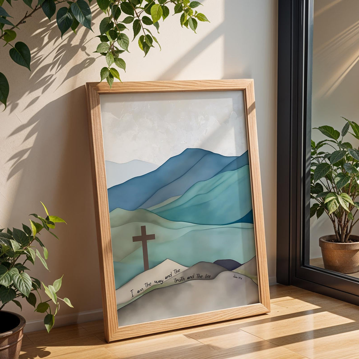 Christian wall art print featuring a brown cross on a blue and green mountain landscape with the Bible verse John 14:6 displayed below.