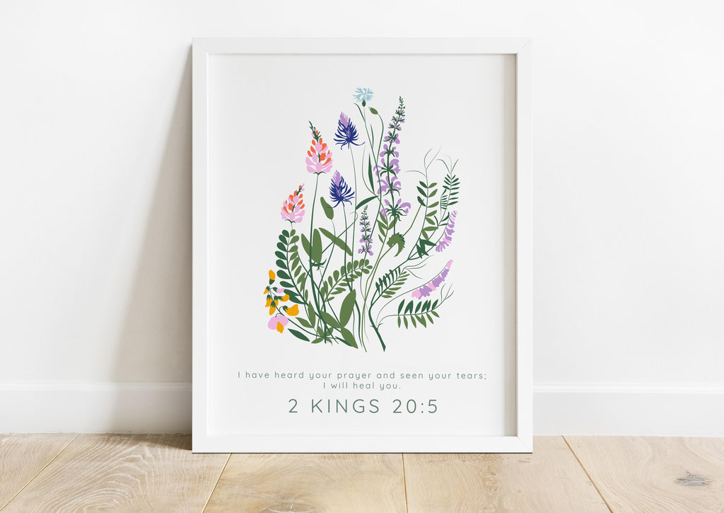 Graceful floral print featuring healing Bible verse, 2 Kings 20:5 floral wall hanging for spiritual comfort