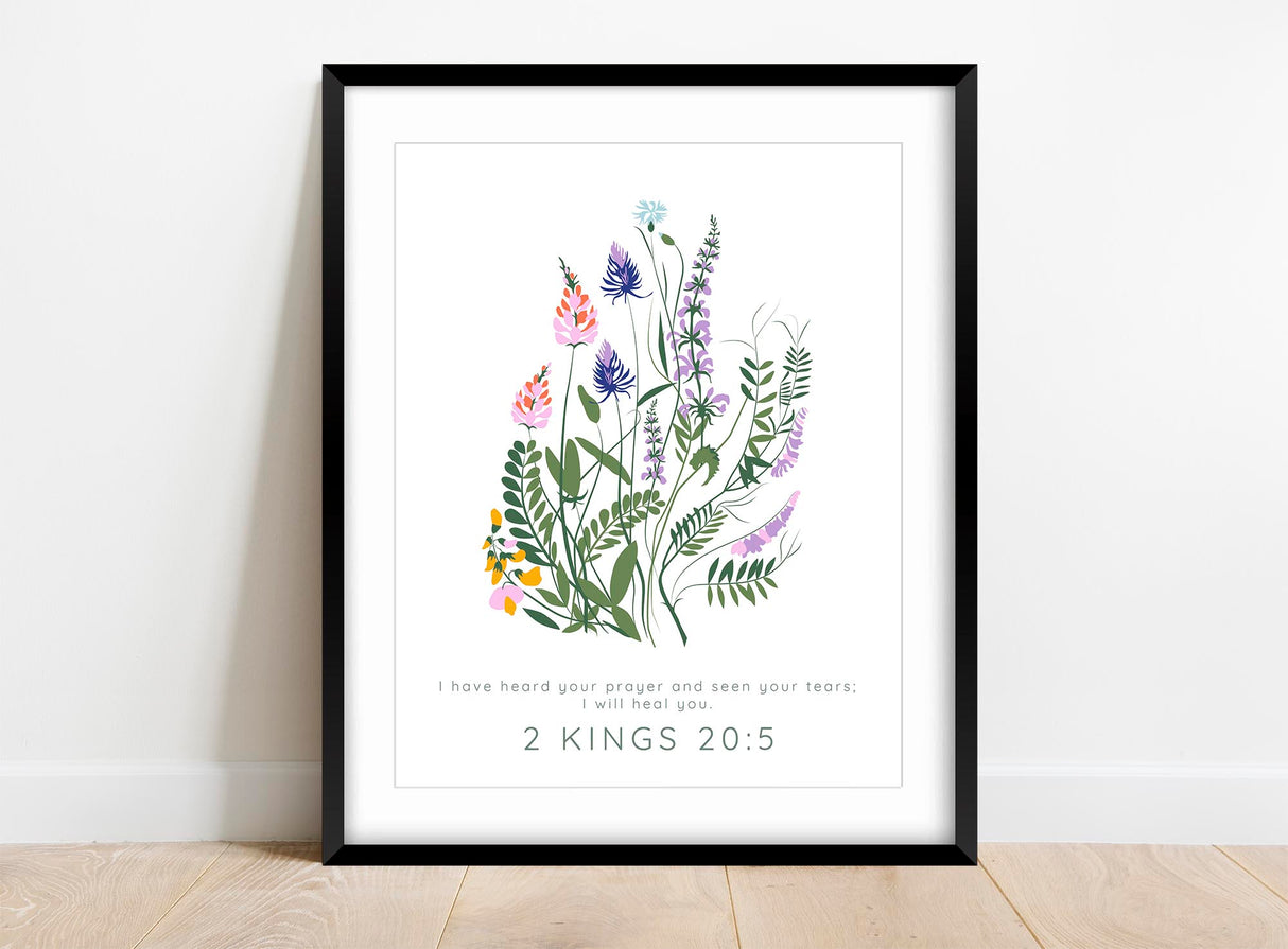 Christian artwork with God's promise to heal, Floral decor with the words 'I have heard your prayer'