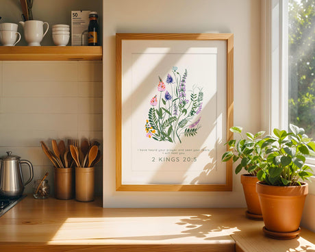 Floral Bible verse print with 2 Kings 20:5 and pastel flowers for comfort and healing.