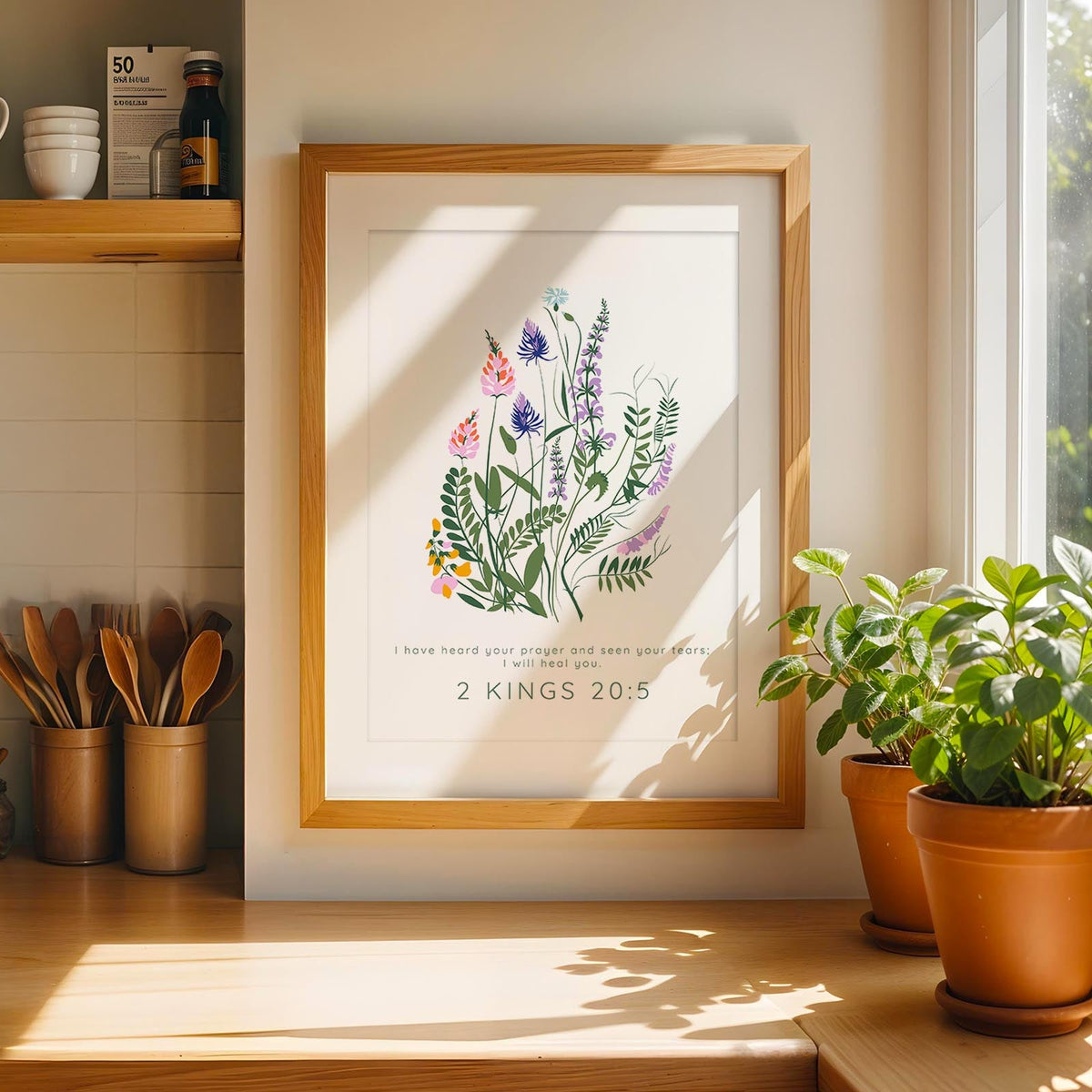 Floral Bible verse print with 2 Kings 20:5 and pastel flowers for comfort and healing.
