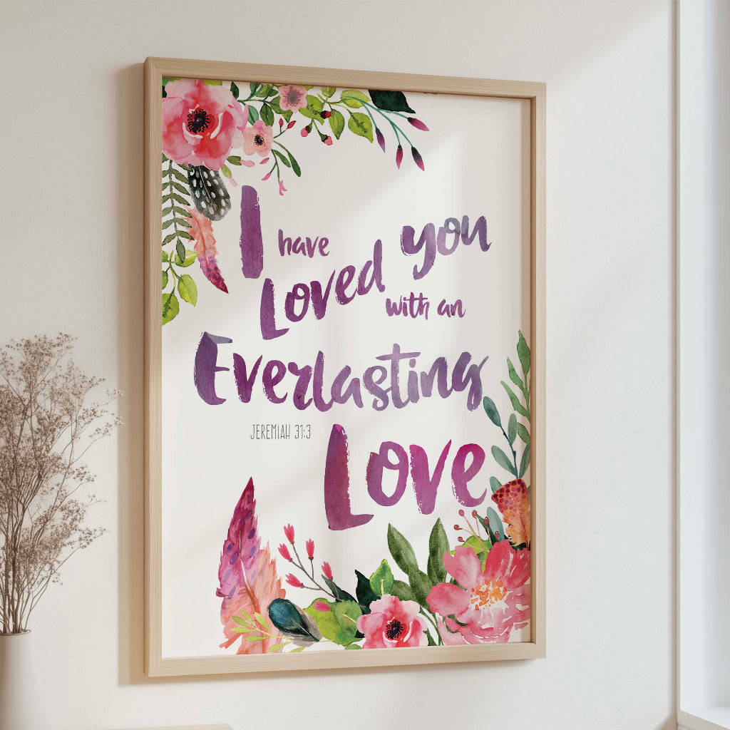 Jeremiah 31 3 floral feather Bible verse print with everlasting love quote for Christian wall decor.